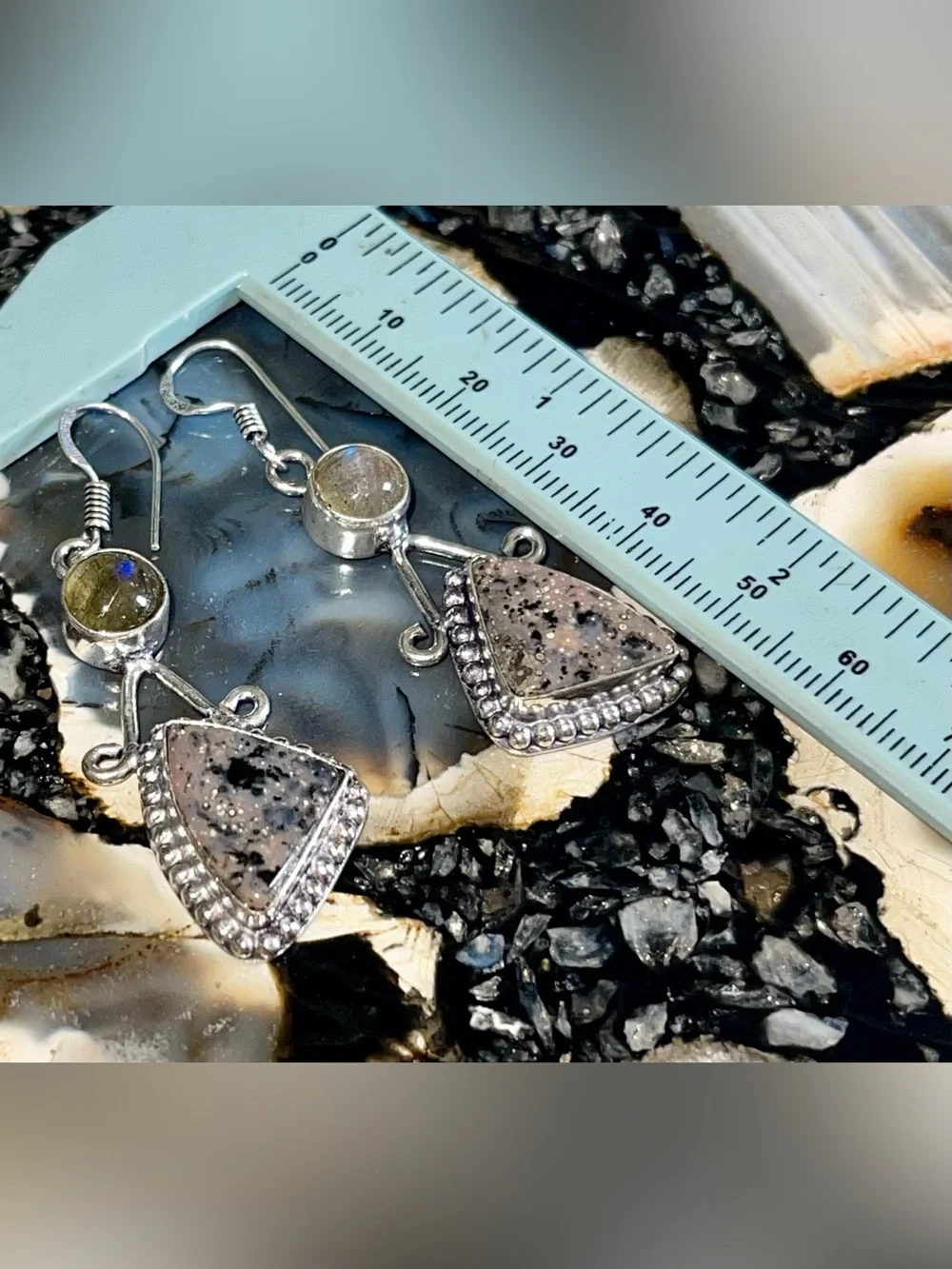 Honey Dendritic Agate & Labradorite Earrings 2 1/4”
